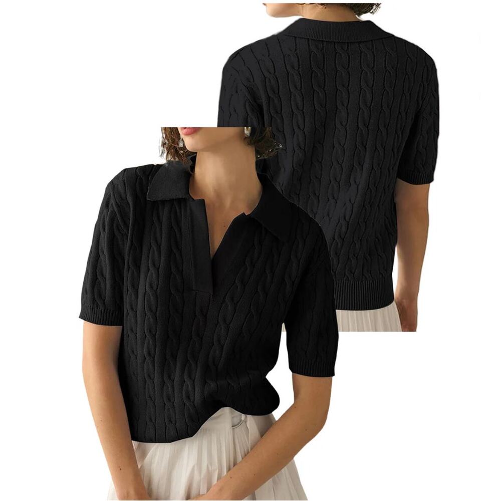 Women Plus Size 2XL Black Collar Short Sleeve Cable Sweater Top NWT